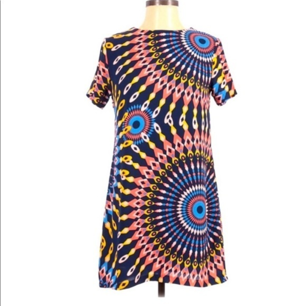 Olivaeous S retro black multicolor kaleidoscope short sleeve A line dress